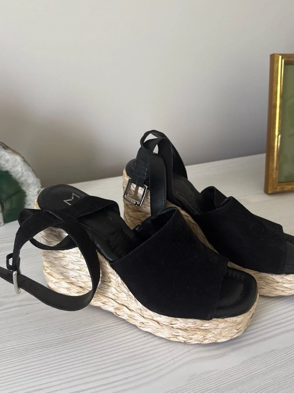 Marc Fisher Black Suede Espadrille Wedge Sandals with Ankle Strap
